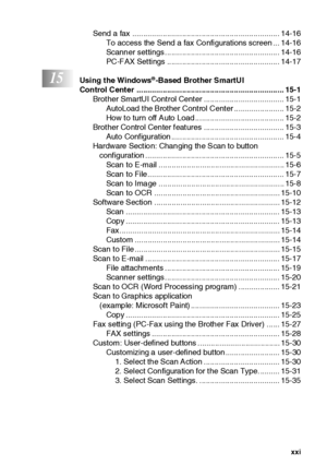 Page 22xxi
Send a fax .................................................................... 14-16
To access the Send  a fax Co nfigurations screen ... 14-16
Scanner settings..................................................... 14-16
PC-FAX Settings .................................................... 14-17
15Using the Windows®-Based Brother SmartUI 
Control Center .................................................................... 15-1
Brother SmartUI Control Center ..................................... 15-1...