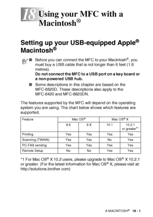 Page 300USING YOUR MFC WITH A MACINTOSH®   18 - 1
18
 
Setting up your USB-equipped Apple® 
Macintosh
® 
The features supported by the MFC will depend on the operat ing 
system you are using. The chart below shows which features are 
supported.
*1 For Mac OS
® X 10. 2 users, please upgrade to Mac OS® X 10.2.1 
or greater. (For the latest information for Mac OS® X, please visit at: 
http://solutions.brother.com)
Using your MFC with a 
Macintosh
®
■Before you can connect t he MFC to your Macintosh®, you 
must buy...