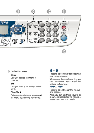 Page 351 - 9   INTRODUCTION
12
981011
8 Navigation keys:
Menu
Lets you access the Menu to 
program.
Set
Lets you store your settings in the 
MFC.
Clear/Back
Deletes entered data or lets you exit 
the menu by pressing repeatedly. or 
Press to scroll forward or backward 
to a menu selection.
When using  the speaker  or ring,  you 
can press these keys to adjust the 
volume in fax mode.
 or 
Press to scroll through the menus 
and options.
Also, you can use these keys to do 
a numerial search for the names of...