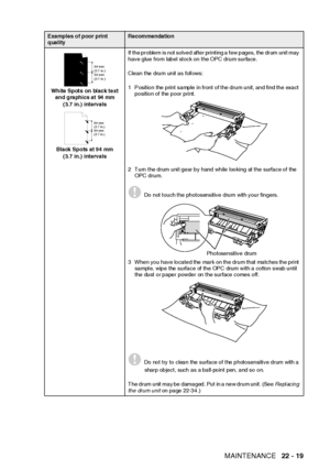 Page 371TROUBLESHOOTING AND ROUTINE MAINTENANCE   22 - 19
White Spots on black text 
and graphics at 94 mm 
(3.7 in.) intervals
Black Spots at 94 mm 
(3.7 in.) intervalsIf the problem is not solved after printing a few pages, the drum unit may 
have glue from label stock on the OPC drum surface.
Clean the drum unit as follows:
1 Position the print sample in front of the drum unit, and find the exact 
position of the poor print.
2 Turn the drum unit gear by hand while looking at the surface of the 
OPC drum.
Do...