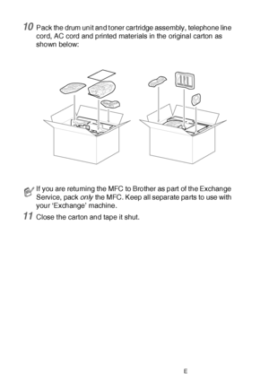 Page 37622 - 24   TROUBLESHOOTING AND ROUTINE MAINTENANCE
10Pack the drum unit and t oner cartridge assembly, telephone line 
cord, AC cord and printed materials in the original carton as 
shown below: 
11Close t he carton and tape it shut.
If you are returning the MFC to Brother as part of the Exchange 
Service,  pack only the MFC. Keep all separate parts to use with 
your ‘Exchange’ machine.
 