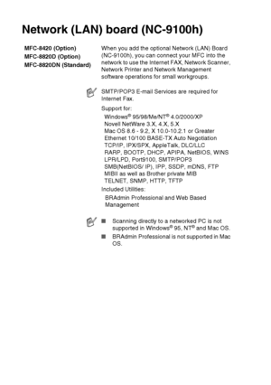 Page 412S - 8   SPECIFICATIONS
Network (LAN) board (NC-9100h)
MFC-8420 (Option)
MFC-8820D (Option)
MFC-8820DN (Standard) When you add the optional Network (LAN) Board 
(NC-9100h), you can connect your MFC into the 
network to use the Internet FAX, Network Scanner, 
Network Printer and Network Management 
software operations for small workgroups.
SMTP/POP3 E-mail Services are required for 
Internet Fax.
Support for:
Windows
® 95/98/Me/NT® 4.0/2000/XP
Novell NetWare 3.X, 4.X, 5.X
Mac OS 8.6 - 9.2, X 10.0-10.2.1 or...