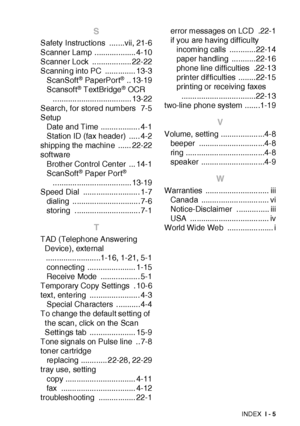 Page 417INDEX I - 5
S
Safety Instructions  .......vii, 21-6
Scanner Lamp ................... 4-10
Scanner Lock  .................. 22-22
Scanning into PC  .............. 13-3
ScanSoft
® PaperPort® .. 13-19
Scansof t® TextBridge® OCR 
.................................... 13-22
Search, for stored numbers  7-5
Setup
Date and Time .................. 4-1
Station ID (fax header)  ..... 4-2
shipping the machine  ...... 22-22
software
Brother Control Center  ... 14-1
ScanSoft
® Paper Port®...