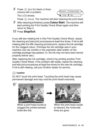 Page 79TROUBLESHOOTING AND ROUTINE MAINTENANCE   6 - 13
8Press  (No ) for black or three 
colours with a problem.
The LCD shows:
Press 
 ( Yes ). The machine will start cleaning the print head.
9After cleaning is finished, press Colour Start. The machine will 
start printing the Print Quality Check Sheet again and then 
return to Step 5.
10Press Stop/Exit.
If you still see missing ink in this Print Quality Check Sheet, repeat 
the cleaning and test print procedures at least five times. If ink is still 
missing...