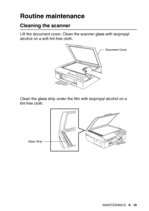 Page 85TROUBLESHOOTING AND ROUTINE MAINTENANCE   6 - 19
Routine maintenance
Cleaning the scanner
Lift the document cover. Clean the scanner glass with isopropyl 
alcohol on a soft lint-free cloth.
Clean the glass strip under the film with isopropyl alcohol on a 
lint-free cloth.
Document Cover
Glass Strip
 