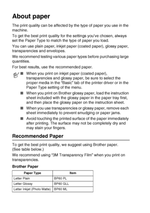 Page 26
1 - 8   INTRODUCTION
About paper
The print quality can be affected by the type of paper you use in the 
machine.
To get the best print quality for the settings you’ve chosen, always 
set the Paper Type to match the type of paper you load.
You can use plain paper, inkjet paper (coated paper), glossy paper, 
transparencies and envelopes.
We recommend testing various paper types before purchasing large 
quantities.
For best results, use the recommended paper.
Recommended Paper
To get the best print...
