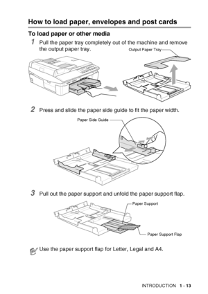 Page 31
INTRODUCTION   1 - 13
How to load paper, envelopes and post cards
To load paper or other media
1Pull the paper tray completely out of the machine and remove 
the output paper tray.
2Press and slide the paper side guide to fit the paper width.
3Pull out the paper support and unfold the paper support flap.
Use the paper support flap for Letter, Legal and A4.
Paper Side Guide
Paper Support
Paper Support Flap
Output Paper Tray
 
