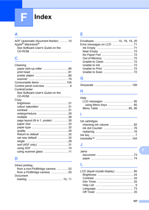 Page 115Index
107
F
F
A
ADF (automatic document feeder) ...........10
Apple® Macintosh®
See Software Users Guide on the 
CD-ROM.
 ..................................................
C
Cleaning
paper pick-up roller
 ............................... 80
print head
 ..............................................81
printer platen
 .........................................80
scanner
 ................................................. 79
Consumable items
 ................................. 104
Control panel overview...