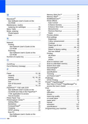 Page 116108
M
Macintosh®
See Software Users Guide on the 
CD-ROM.
 ..................................................
Maintenance, routine
replacing ink cartridges
 .........................76
Menu Table
 ..............................................85
Mode, entering
PhotoCapture
 ..........................................7
Scan
 ........................................................7
N
Network
Printing
See Network Users Guide on the 
CD-ROM.
 ...............................................
Scanning
See...
