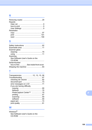 Page 117109
F
R
Reducing copies ...................................... 29
Reports
Help List
 .................................................. 9
how to print
 ............................................. 9
User Settings
 .......................................... 9
Resolution
copy
 ...................................................... 97
print
 ..................................................... 101
scan
 .................................................... 100
S
Safety Instructions...