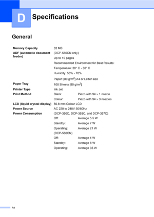 Page 10294
D
GeneralD
SpecificationsD
Memory Capacity32 MB 
ADF (automatic document 
feeder) (DCP-560CN only)
Up to 10 pages
Recommended Environment for Best Results:
Temperature: 20°C - 30°C
Humidity: 50% - 70%
Paper: [80 g/m
2] A4 or Letter size
Paper Tray
100 Sheets [80 g/m
2]
Printer TypeInk Jet
Print MethodBlack:
Colour:Piezo with 94 × 1 nozzle
Piezo with 94 × 3 nozzles
LCD (liquid crystal display)50.8 mm Colour LCD
Power SourceAC 220 to 240V 50/60Hz
Power Consumption(DCP-350C, DCP-353C, and DCP-357C)
Off:...