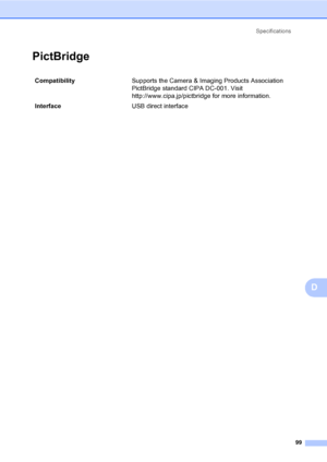 Page 107Specifications
99
D
PictBridgeD
Compatibility Supports the Camera & Imaging Products Association 
PictBridge standard CIPA DC-001. Visit 
http://www.cipa.jp/pictbridge for more information.
InterfaceUSB direct interface
 