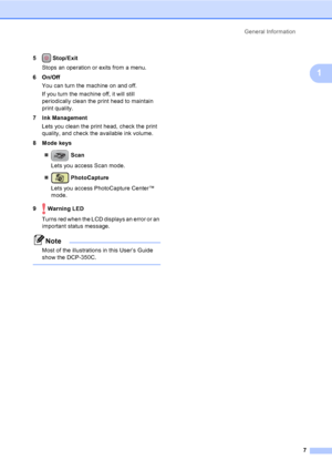 Page 15
General Information7
1
5 Stop/Exit
Stops an operation or exits from a menu.
6On/Off You can turn the machine on and off.
If you turn the machine off, it will still 
periodically clean the print head to maintain 
print quality.
7 Ink Management Lets you clean the print head, check the print 
quality, and check the available ink volume.
8 Mode keys
„  Scan  
Lets you access Scan mode.
„  PhotoCapture
Lets you access PhotoCapture Center™ 
mode.
9  Warning LED Turns red when the LCD displays an error or an...