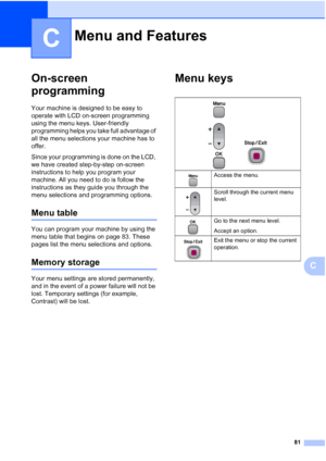 Page 89
81
C
C
On-screen 
programming
C
Your machine is designed to be easy to 
operate with LCD on-screen programming 
using the menu keys. User-friendly 
programming helps you take full advantage of 
all the menu selections your machine has to 
offer.
Since your programming is done on the LCD, 
we have created step-by-step on-screen 
instructions to help you program your 
machine. All you need to do is follow the 
instructions as they guide you through the 
menu selections and programming options.
Menu...