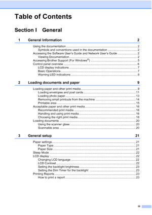 Page 5
iii
Table of Contents
Section I General
1 General Information 2
Using the documentation ....................................................................................... 2Symbols and conventions used in the documentation .................................... 2
Accessing the Software User’s Guide and Network User’s Guide ........................ 2 Viewing Documentation ................................................................................... 2
Accessing Brother Support (For Windows
®)...