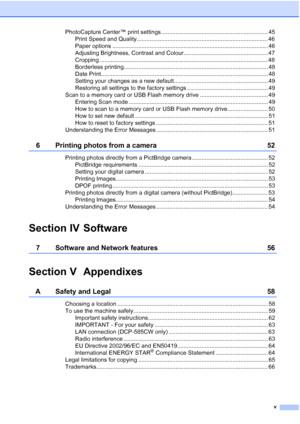 Page 7
v
PhotoCapture Center™ print settings .................................................................. 45Print Speed and Quality................................................................................. 46
Paper options ................................................................................................ 46
Adjusting Brightness, Contrast and Colour.................................................... 47
Cropping...
