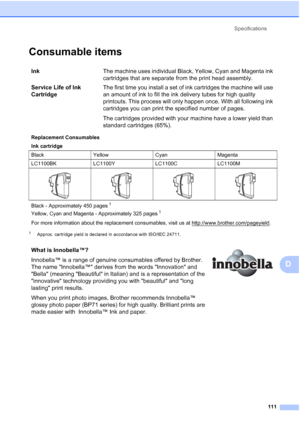 Page 119
Specifications111
D
Consumable itemsD
1Approx. cartridge yield is declared in accordance with ISO/IEC 24711.
Ink The machine uses individual Black, Yellow, Cyan and Magenta ink 
cartridges that are separate from the print head assembly.
Service Life of Ink 
Cartridge The first time you install a set of ink cartridges the machine will use 
an amount of ink to fill the ink delivery tubes for high quality 
printouts. This process will only happen once. With all following ink 
cartridges you can print the...