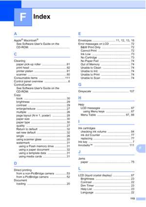 Page 123
Index
115
F
F
A
Apple® Macintosh®
See Software Users Guide on the 
CD-ROM.
 ..................................................
C
Cleaningpaper pick-up roller
 ............................... 81
print head
 .............................................. 82
printer platen
 ......................................... 81
scanner
 ................................................. 80
Consumable items
 ................................. 111
Control panel overview
 .............................. 6
ControlCenter...
