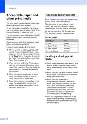 Page 24
Chapter 2
16
Acceptable paper and 
other print media
2
The print quality can be affected by the type 
of paper you use in the machine.
To get the best print quality for the settings 
you have chosen, always set the Paper Type 
to match the type of paper you load.
You can use plain paper, inkjet paper (coated 
paper), glossy paper, transparencies and 
envelopes.
We recommend testing various paper types 
before buying large quantities.
For best results, use the Brother paper. „ When you print on inkjet...