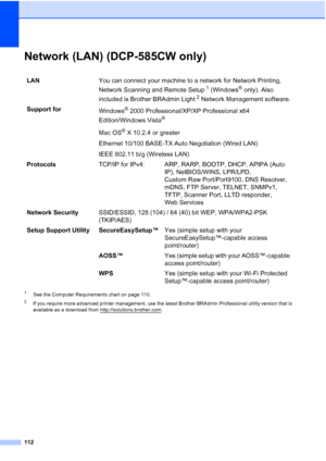 Page 120
112
Network (LAN) (DCP-585CW only)D
1See the Computer Requirements chart on page 110.
2If you require more advanced printer management, use the latest Brother BRAdmin Professional utility version that is 
available as a download from http://solutions.brother.com
.
LANYou can connect your machine to a network for Network Printing, 
Network Scanning and Remote Setup
1 (Windows® only). Also 
included is Brother BRAdmin Light
2 Network Management software.
Support for Windows
® 2000 Professional/XP/XP...