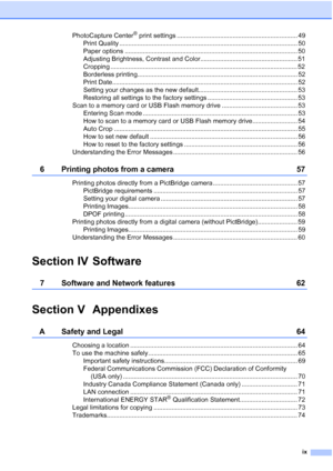 Page 11
ix
PhotoCapture Center® print settings ................................................................... 49
Print Quality ................................................................................................... 50
Paper options ................................................................................................ 50
Adjusting Brightness, Contrast and Color...................................................... 51
Cropping...