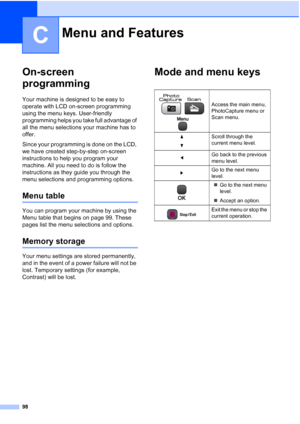 Page 110
98
C
On-screen 
programming
C
Your machine is designed to be easy to 
operate with LCD on-screen programming 
using the menu keys. User-friendly 
programming helps you take full advantage of 
all the menu selections your machine has to 
offer.
Since your programming is done on the LCD, 
we have created step-by-step on-screen 
instructions to help you program your 
machine. All you need to do is follow the 
instructions as they guide you through the 
menu selections and programming options.
Menu tableC...