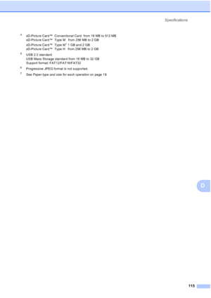 Page 127
Specifications115
D
4xD-Picture Card™  Conventional Card  from 16 MB to 512 MB
xD-Picture Card™  Type M   from 256 MB to 2 GB
xD-Picture Card™  Type M
+ 1 GB and 2 GB
xD-Picture Card™  Type H   from 256 MB to 2 GB
5USB 2.0 standard
USB Mass Storage standard from 16 MB to 32 GB
Support format: FAT12/FAT16/FAT32
6Progressive JPEG format is not supported.
7See  Paper type and size for each operation  on page 19.
 