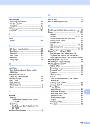 Page 137
125
F
I
Ink cartridgeschecking ink volume
 ............................. 94
ink dot Counter
 ..................................... 87
replacing
 ............................................... 87
Ink key
 ........................................................ 7
Innobella™
 ............................................. 121
J
Jams paper
 ..................................................... 85
L
LCD (liquid crystal display) ...................... 98
Brightness...