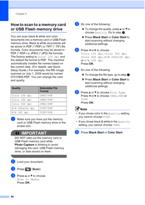 Page 66
Chapter 5
54
How to scan to a memory card 
or USB Flash memory drive5
You can scan black & white and color 
documents into a memory card or USB Flash 
memory drive. Black & white documents will 
be stored in PDF (*.PDF) or TIFF (*.TIF) file 
formats. Color documents may be stored in 
PDF (*.PDF) or JPEG (*.JPG) file formats. 
The factory setting is  Color 150 dpi and 
the default file format is PDF. The machine 
automatically creates file names based on 
the current date. (For details, see Quick 
Setup...