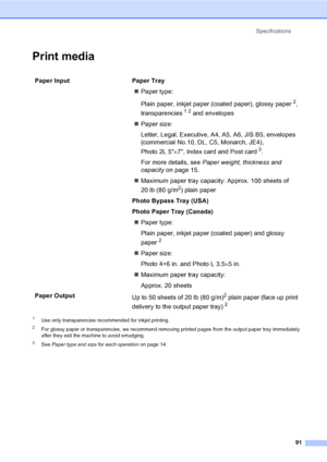 Page 103Specifications
91
Print mediaD
1Use only transparencies recommended for inkjet printing.
2For glossy paper or transparencies, we recommend removing printed pages from the output paper tray immediately 
after they exit the machine to avoid smudging.
3See Paper type and size for each operationon page 14.
Paper Input  Paper Tray
„Paper type:
Plain paper, inkjet paper (coated paper), glossy paper
2, 
transparencies
12 and envelopes 
„Paper size:
Letter, Legal, Executive, A4, A5, A6, JIS B5, envelopes...