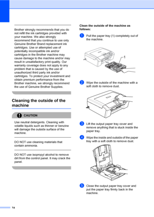 Page 8674
 
Brother strongly recommends that you do 
not refill the ink cartridges provided with 
your machine. We also strongly 
recommend that you continue to use only 
Genuine Brother Brand replacement ink 
cartridges. Use or attempted use of 
potentially incompatible ink and/or 
cartridges in the Brother machine may 
cause damage to the machine and/or may 
result in unsatisfactory print quality. Our 
warranty coverage does not apply to any 
problem that is caused by the use of 
unauthorized third party ink...