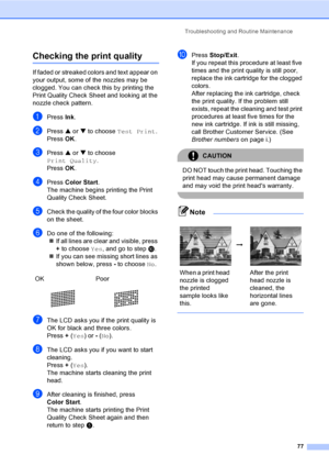 Page 89Troubleshooting and Routine Maintenance
77
Checking the print qualityB
If faded or streaked colors and text appear on 
your output, some of the nozzles may be 
clogged. You can check this by printing the 
Print Quality Check Sheet and looking at the 
nozzle check pattern.
aPress Ink.
bPress a or b to choose Test Print.
Press OK.
cPress a or b to choose 
Print Quality.
Press OK.
dPress Color Start.
The machine begins printing the Print 
Quality Check Sheet.
eCheck the quality of the four color blocks 
on...