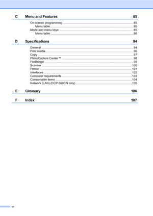 Page 8vi
C Menu and Features 85
On-screen programming ...................................................................................... 85
Menu table ..................................................................................................... 85
Mode and menu keys .......................................................................................... 85
Menu table ..................................................................................................... 86
D Specifications 94...