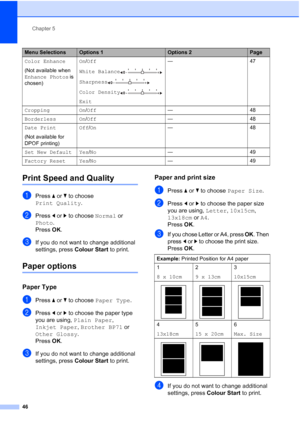 Page 54
Chapter 5
46
Print Speed and Quality5
aPress  a or  b to choose 
Print Quality .
bPress d or  c to choose  Normal or 
Photo .
Press  OK.
cIf you do not want to change additional 
settings, press  Colour Start to print. 
Paper options5
Paper Type5
aPress a or  b to choose  Paper Type .
bPress d or  c to choose the paper type 
you are using,  Plain Paper , 
Inkjet Paper , Brother BP71  or 
Other Glossy . 
Press  OK.
cIf you do not want to change additional 
settings, press  Colour Start to print. 
Paper...