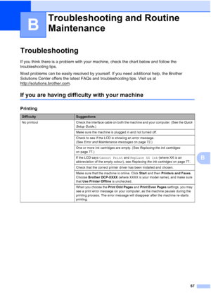 Page 75
67
B
B
Troubleshooting B
If you think there is a problem with your machine, check the chart below and follow the 
troubleshooting tips.
Most problems can be easily resolved by yourself. If you need additional help, the Brother 
Solutions Center offers the latest FAQs and troubleshooting tips. Visit us at 
http://solutions.brother.com
.
If you are having difficulty with your machineB
Troubleshooting and Routine 
Maintenance
B
Printing
DifficultySuggestions
No  printout Check the interface cable on both...