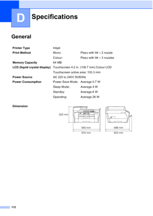 Page 120
112
D
GeneralD
SpecificationsD
Printer TypeInkjet
Print Method Mono:
Colour:Piezo with 94 
× 2 nozzle
Piezo with 94  × 3 nozzles
Memory Capacity 64 MB 
LCD (liquid crystal display) Touchscreen 4.2 in. (106.7 mm) Colour LCD
Touchscreen active area: 100.3 mm
Power Source AC 220 to 240V 50/60Hz
Power Consumption Power Save Mode:
Sleep Mode:
Standby:
Operating:Average 0.7 W
Average 4 W
Average 6 W
Average 26 W
Dimension
 
574 mm 540 mm543 mm
488 mm
323 mm
 