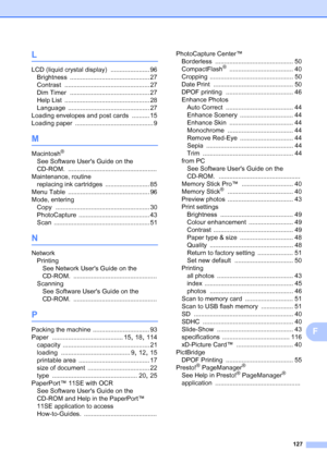 Page 135
127
F
L
LCD (liquid crystal display) ...................... 96
Brightness
 ............................................. 27
Contrast
 ................................................ 27
Dim Timer
 ............................................. 27
Help List
 ................................................ 28
Language
 .............................................. 27
Loading envelopes and post cards
 .......... 15
Loading paper
 ............................................ 9
M
Macintosh®
See Software...