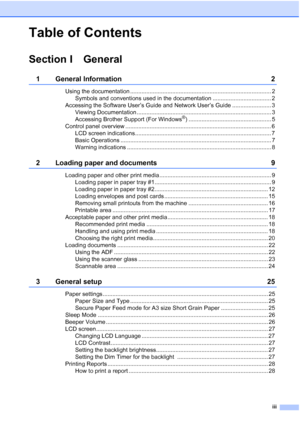 Page 5
iii
Table of Contents
Section I General
1 General Information 2
Using the documentation ....................................................................................... 2Symbols and conventions used in the documentation .................................... 2
Accessing the Software User’s Guide and Network User’s Guide ........................ 3 Viewing Documentation ................................................................................... 3
Accessing Brother Support (For Windows
®)...