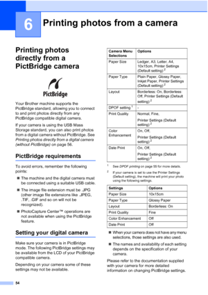 Page 62
54
6
Printing photos 
directly from a 
PictBridge camera
6
 
Your Brother machine supports the 
PictBridge standard, allowing you to connect 
to and print photos directly from any 
PictBridge compatible digital camera.
If your camera is using the USB Mass 
Storage standard, you can also print photos 
from a digital camera without PictBridge. See 
Printing photos directly from a digital camera  
(without PictBridge)  on page 56.
PictBridge requirements6
To avoid errors, remember the following 
points:
„...