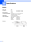 Page 120
112
D
GeneralD
SpecificationsD
Printer TypeInkjet
Print Method Mono:
Colour:Piezo with 94 
× 2 nozzle
Piezo with 94  × 3 nozzles
Memory Capacity 64 MB 
LCD (liquid crystal display) Touchscreen 4.2 in. (106.7 mm) Colour LCD
Touchscreen active area: 100.3 mm
Power Source AC 220 to 240V 50/60Hz
Power Consumption Power Save Mode:
Sleep Mode:
Standby:
Operating:Average 0.7 W
Average 4 W
Average 6 W
Average 26 W
Dimension
 
574 mm 540 mm543 mm
488 mm
323 mm
 