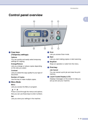 Page 11
Introduction1 - 3
1
Control panel overview
Stack  Copies:01
100%  ……„…… Auto
1 Copy keys
(Temporary settings):
Options
You can quickly and easily select temporary 
settings for copying.
Enlarge/Reduce
Lets you enlarge or reduce copies depending 
on the ratio you select.
Contrast
Lets you select the copy quality for your type of 
document.
Number of Copies
Use this key to make multiple copies.
2  Menu Mode:
Menu
Lets you access the Menu to program.
 or 
Press to scroll through the menus and options.
Also...