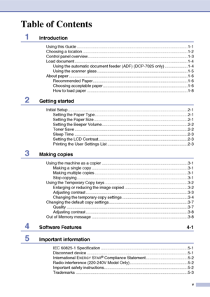 Page 7
v
Table of Contents
1Introduction
Using this Guide ..................................................................................................1-1
Choosing a location .............................................................................................1-2
Control panel overview ........................................................................................ 1-3
Load document ....................................................................................................1-4Using...