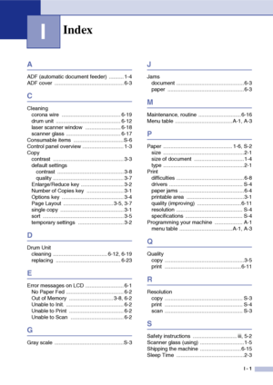 Page 69
I - 1
I
A
ADF (automatic document feeder)  .......... 1-4
ADF cover  ............................................... 6-3
C
Cleaningcorona wire  ........................................ 6-19
drum unit  ............................................ 6-12
laser scanner window  ........................ 6-18
scanner glass  ..................................... 6-17
Consumable items  ..................................S-6
Control panel overview ............................ 1-3
Copy contrast...