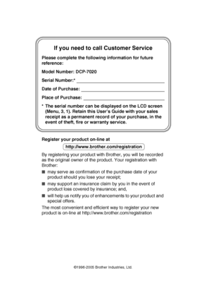 Page 2
                    
If you need to call Customer Service
Please complete the following information for future 
reference:
Model Number: DCP-7020
Serial Number:*
Date of Purchase:
Place of Purchase:
* The serial number can be displayed on the LCD screen (Menu, 3, 1). Retain this User’s Guide with your sales 
receipt as a permanent record of your purchase, in the 
event of theft, fire or warranty service.
Register your product on-line at
By registering your product with Brother, you will be recorded 
as...