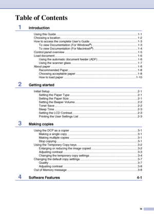 Page 11
ix
Table of Contents
1Introduction
Using this Guide ..................................................................................................1-1
Choosing a location .............................................................................................1-2
How to access the complete User’s Guide ..........................................................1-3To view Documentation (For Windows
®) .......................................................1-3
To view Documentation (For Macintosh®)...