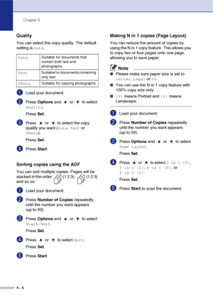 Page 32
Chapter 3
3 - 5
Quality
You can select the copy quality. The default 
setting is 
Auto.
1Load your document.
2Press  Options  and   or   to select 
Quality.
Press  Set.
3Press   or   to select the copy 
quality you want (
Auto, Text or 
Photo).
Press  Set.
4Press  Start.
Sorting copies using the ADF 
You can sort multiple copies. Pages will be 
stacked in the order  (1 2 3),  (1 2 3) 
and so on.
1Load your document.
2Press  Number of Copies  repeatedly 
until the number you want appears 
(up to 99)....