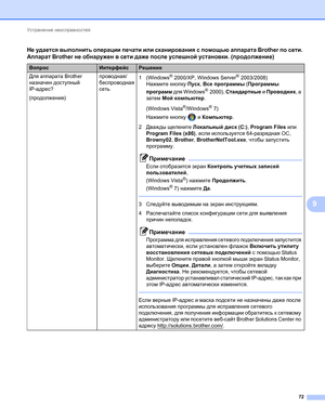 Page 77Устранение неисправностей 
72
9
Для аппарата Brother 
назначен доступный 
IP-адрес?
(продолжение)проводная/
беспроводная 
сеть1 (Windows®2000/XP, Windows Server®2003/2008)
Нажмите кнопку Пуск, Все программы (Программы 
программ для Windows
®2000), Стандартные и Проводник, а 
затем Мой компьютер.
(Windows Vista
®/Windows®7)
Нажмите кнопку  и Компьютер.
2Дважды щелкните Локальный диск (C:), Program Files или 
Program Files (x86), если используется 64-разрядная ОС, 
Browny02, Brother, BrotherNetTool.exe,...