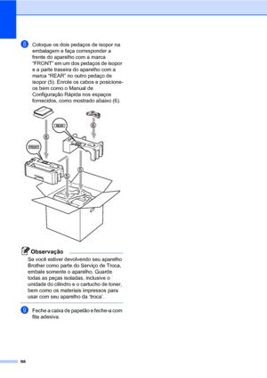 Page 10698
hColoque os dois pedaços de isopor na 
embalagem e faça corresponder a 
frente do aparelho com a marca 
“FRONT” em um dos pedaços de isopor 
e a parte traseira do aparelho com a 
marca “REAR” no outro pedaço de 
isopor (5). Enrole os cabos e posicione-
os bem como o Manual de 
Configuração Rápida nos espaços 
fornecidos, como mostrado abaixo (6).
 
Observação
Se você estiver devolvendo seu aparelho 
Brother como parte do Serviço de Troca, 
embale somente o aparelho. Guarde 
todas as peças isoladas,...