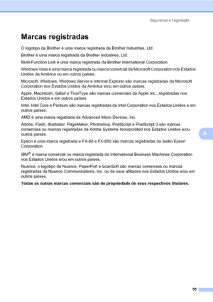 Page 63Segurança e Legislação
55
A
Marcas registradasA
O logotipo da Brother é uma marca registrada da Brother Industries, Ltd.
Brother é uma marca registrada da Brother Industries, Ltd.
Multi-Function Link é uma marca registrada da Brother International Corporation.
Windows Vista é uma marca registrada ou marca comercial da Microsoft Corporation nos Estados 
Unidos da América ou em outros países.
Microsoft, Windows, Windows Server e Internet Explorer são marcas registradas da Microsoft 
Corporation nos Estados...