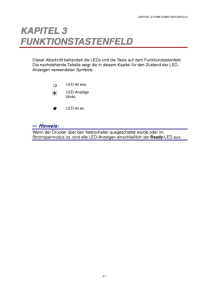 Page 55KAPITEL 3 FUNKTIONSTASTENFELD
3-1
3 3K K
A A
P P
I I
T T
E E
L L
   
3 3
F F
U U
N N
K K
T T
I I
O O
N N
S S
T T
A A
S S
T T
E E
N N
F F
E E
L L
D D
Dieser Abschnitt behandelt die LEDs und die Taste auf dem Funktionstastenfeld.
Die nachstehende Tabelle zeigt die in diesem Kapitel für den Zustand der LED-
Anzeigen verwendeten Symbole.
❍
❍❍ ❍LED ist aus.
LED-Anzeige
blinkt.

 LED ist an.
✏ Hinweis:
0Wenn der Drucker über den Netzschalter ausgeschaltet wurde oder im
Stromsparmodus ist, sind alle...